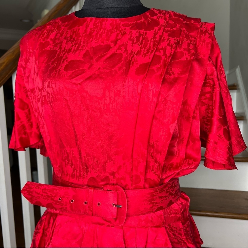 Vintage 80s Red Silk Peplum Dress Midi Belted Cocktail Party Size 12 - Picture 4 of 9